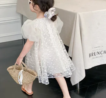 2023 Кружевное платье для девочек с пышными рукавами Летние модные платья для девочек Детская одежда 2-8 лет
