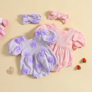 EWODOS/ милый комбинезон для новорожденных девочек с 3D цветочным рисунком, короткий рукав, квадратный вырез, комбинезоны для новорожденных девочек, боди с повязкой на голову