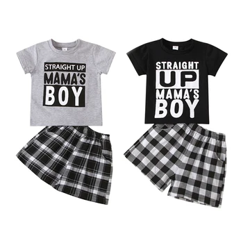 FOCUSNORM/ Летние повседневные комплекты одежды для мальчиков от 1 до 5 лет, 2 шт. Футболки с короткими рукавами и надписями, Шорты в клетку с принтом