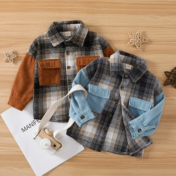 FOCUSNORM Осенняя повседневная рубашка для маленьких мальчиков от 1 до 5 лет, верхняя одежда, 2 цвета, рубашка контрастного цвета с длинными рукавами и пуговицами на лацканах в клетку с принтом в клетку