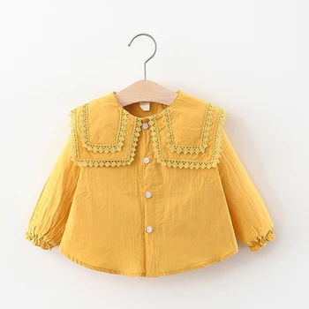 Блузки для маленьких девочек от 0 до 3 лет для маленьких девочек, однотонные осенние топы с длинными рукавами, детские однобортные рубашки с кружевным воротником