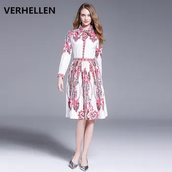 Дизайнерская одежда для подиума VERHELLEN Высокого качества 2019, осенние женские платья с длинным рукавом и цветочным принтом, Тонкие плиссированные Элегантные повседневные праздничные платья