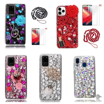 для Alcatel 1SE (2020) Чехол для телефона с защитной пленкой и ремешком, девчачьи бриллианты, блестящие кристаллы, мягкий чехол для телефона для женщин