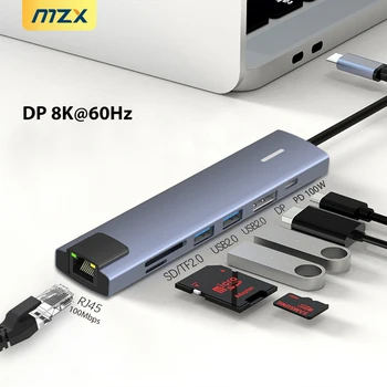 Док-станция MZX 7-в-1 DP 8K 60Hz 4K Док-станция USB Type C Концентратор-Концентратор Адаптер Разветвитель Док-станции SD TF Card Reader Портативный ПК