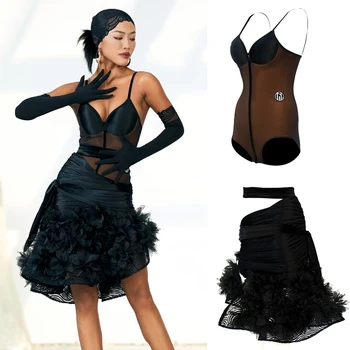 Женская одежда для латиноамериканских танцев, сексуальный черный сетчатый топ для латиноамериканских танцев, бархатные юбки для латиноамериканских танцев, тренировочная одежда для латиноамериканских танцев для взрослых SL8218