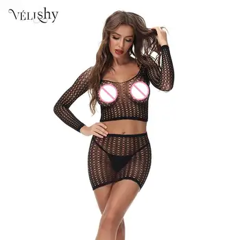 Женский сексуальный сетчатый прозрачный костюм, эротическое белье, комплекты из 2 предметов, открытая однотонная женская короткая юбка, женский укороченный топ, костюмы для вечеринок