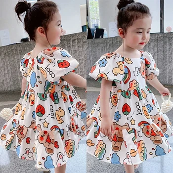 Корейское летнее платье для девочек, Новое повседневное праздничное платье принцессы с пышными рукавами и рисунком из мультфильма, детская одежда с принтом, одежда для маленьких девочек