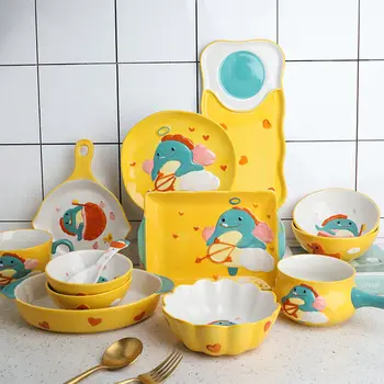 Креативная детская керамическая посуда, милый маленький динозавр, милая миска для еды, Мультяшные миски и тарелки, ложка для домашнего завтрака