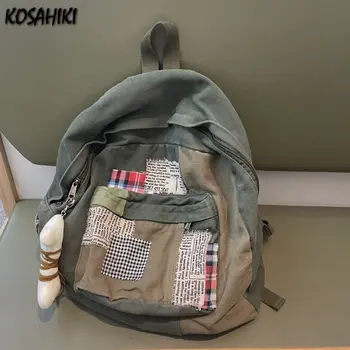 Лоскутные винтажные сумки из холста Y2k, простые японские студенческие рюкзаки, женские универсальные школьные сумки с подвесками.