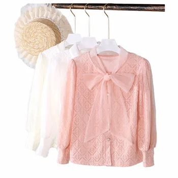 Модная блузка для маленьких девочек, кружевная одежда для девочек-подростков, рубашка с бантом, Элегантная официальная детская одежда, Белые, розовые детские наряды, большие размеры
