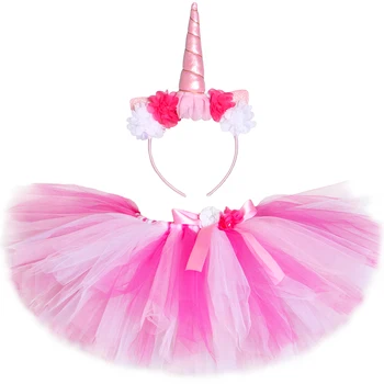 Наряд из розовой юбки-пачки с единорогом, Пышные тюлевые юбки с цветами для девочек, Костюм-пачка для маленьких девочек на Хэллоуин, День рождения, Детский костюм-пачка с лентой для волос