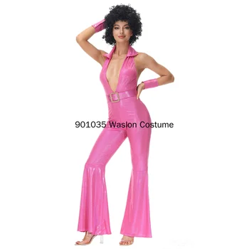 Новый женский сексуальный винтажный розовый костюм хиппи 70-80-х годов, комбинезон для косплея, Маскарадный костюм для любителей ретро-дискотеки на Хэллоуин