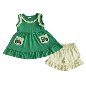 Одежда на тракторе для маленьких девочек, детская летняя майка с карманами, Зеленый хлопковый топ, шорты с оборками для малышей, комплект одежды для детей