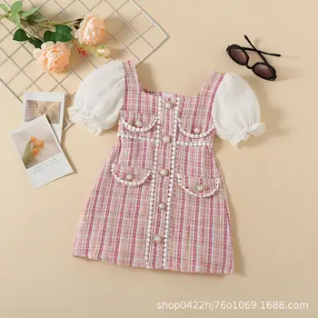 Платье трапециевидной формы с помпонами для маленьких девочек, классический костюм с карманами и пышными рукавами, одежда для детей