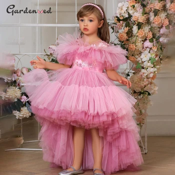 Розовые платья в цветочек для девочек, Тюлевое пышное платье принцессы в стиле Хай-Лоу, Милое праздничное платье для маленькой девочки для Первого причастия