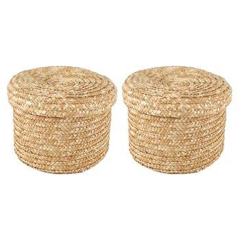 2 Корзины для хранения из пшеничной соломы, плетеные из инновационной корзины, корзина для хранения в деревенском стиле с натуральной коричневой отделкой (средняя)