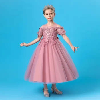 2023 Ins Новые вечерние платья для девочек, платья принцесс, платья со шлейфом, детское платье для выступлений, Детское сетчатое платье с коротким рукавом