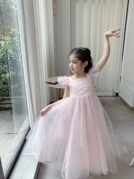 2023 Вечерние платья для девочек однотонного розового цвета, милые детские платья 100-160