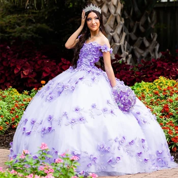 2023 Фиолетовое пышное платье с 3D аппликацией и пайетками в виде сердца, бальные платья ручной работы с 3D цветами, Vestidos De 15 Años