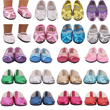 7-сантиметровые туфли с блестками и галстуком-бабочкой, повседневная обувь для 18-дюймовой американской куклы, аксессуар для девочки, 43-сантиметровая детская одежда, кукольные вещи нашего поколения