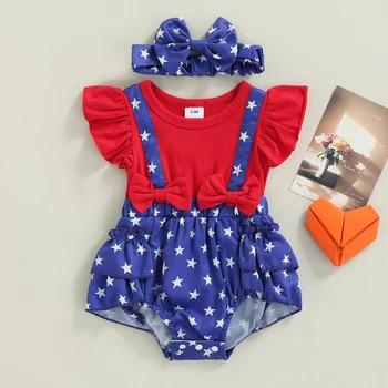 Citgeett Летний День независимости для новорожденных девочек, красно-синий боди с рукавами-фонариками с принтом звезды и головной убор с бантиком