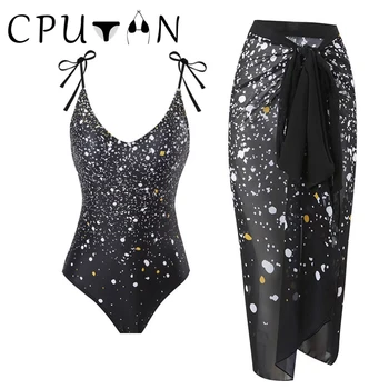 CPUTAN 2023, новый винтажный цельный купальник с черным принтом, сексуальный комплект бикини, закрывающее купальники Платье, купальный костюм, пляжная юбка-Монокини