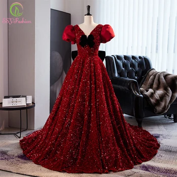 SSYFashion, роскошное женское вечернее платье с красными блестками, с пышными рукавами, трапециевидной формы, с блестящим бисером, длинные вечерние платья для выпускного вечера, Vestido