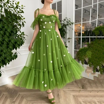 UZN Green, Новое поступление, платья для выпускного вечера трапециевидной формы, вечернее платье на тонких бретельках, тюлевые вечерние платья с 3D цветами длиной до щиколоток