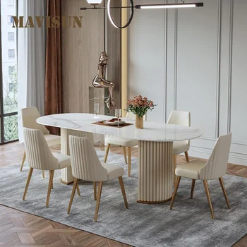 Белый Овальный обеденный стол для кухни в скандинавском постмодернистском стиле, простая мебель, Глянцевая Каменная доска, Современный Светлый Роскошный стол и стулья
