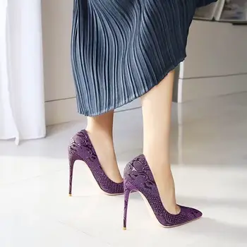 Блестящий серебристый/черный/фиолетовый аллигатор, 3 цвета, женские туфли-лодочки на тонком высоком каблуке, женские туфли без застежки для свадебной вечеринки, 2023, Большой размер