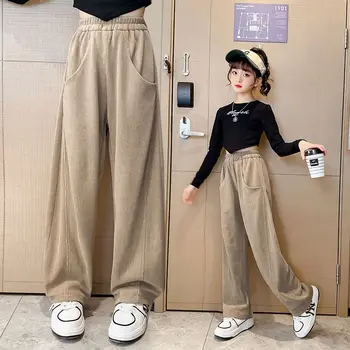 Брюки для девочек, Весна-осень, хлопковые свободные брюки для мальчиков и девочек в корейском стиле, брюки-карго, детские повседневные спортивные брюки от 5 до 14 лет