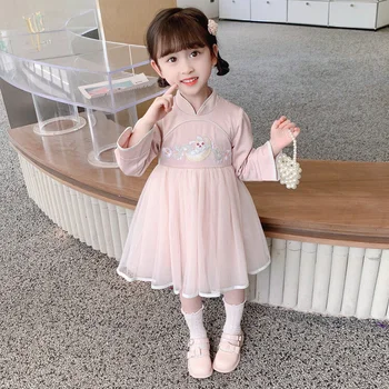 Весеннее платье для девочек 2023 года, новое детское платье Hanfu в китайском стиле с длинными рукавами, весенне-осеннее газовое платье принцессы в западном стиле