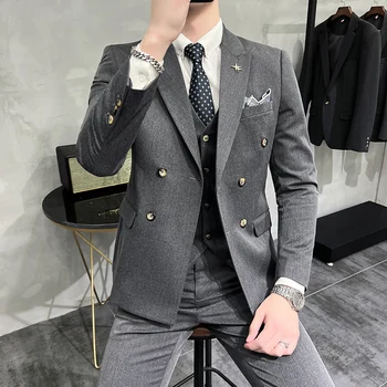 Высококачественный мужской костюм 2023 (костюм + жилет + брюки) для модных вечеринок, деловой красивый бутик, трендовый тонкий британский костюм, комплект-тройка