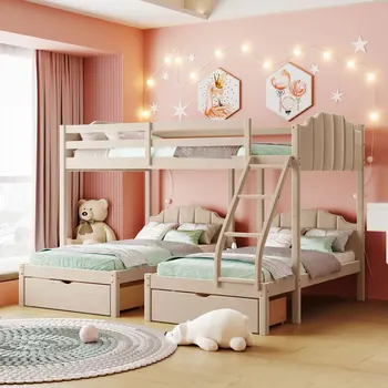 Двухъярусная кровать с двумя односпальными кроватями, бархатная трехъярусная кровать с выдвижными ящиками и перилами, бежевый