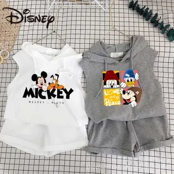 Детская одежда Disney, комплект детских шорт для мальчиков, летняя новая модная майка с капюшоном и принтом Микки Мауса из мультфильма, комплект из двух предметов