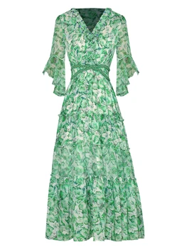 Дизайнерское высококачественное женское летнее Новое модное эластичное платье Миди с V-образным вырезом, расшитое блестками, Элегантное пляжное богемное зеленое платье миди