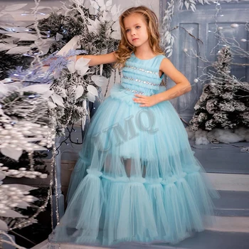 Длинное светло-голубое пышное платье для малышей на день рождения для девочки в цветочек Со складками из бисера, Свадебное дефиле на заказ, Первое причастие