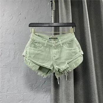 Женская летняя новинка 2023 года, Уличная пряная девушка, зеленые винтажные выстиранные джинсовые шорты, верхняя одежда, трапециевидные кисточки, ультракороткие