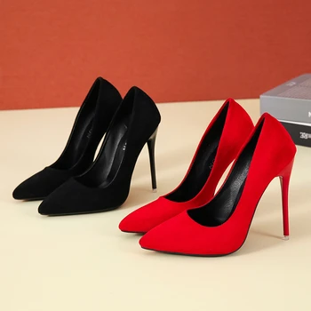 Женская обувь большого размера 35-45, лаконичные женские туфли-лодочки из флока на высоком каблуке с острым носком, Классические красно-серые женские свадебные туфли для офиса
