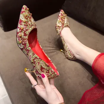 Женская обувь на высоком каблуке с острым носком (5 см-8 см), Базовые свадебные туфли Zapatos De Mujer Tacon Medio Elegantes, Женская обувь для невесты, туфли-лодочки