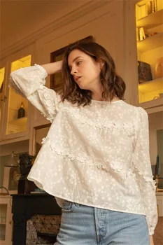 Женская рубашка 2021, осенняя футболка с длинными рукавами, Белая рубашка из 100% хлопка с объемной цветочной вышивкой, свободный топ