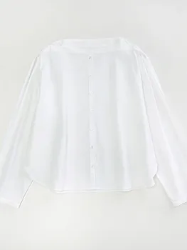 Женская элегантная белая рубашка 2022, летняя новинка, свободная однобортная блузка с длинными рукавами и вырезом лодочкой, Плиссированная модная свободная блузка