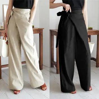 Женские повседневные брюки с высокой талией 2023, модные женские офисные однотонные широкие брюки, женские свободные брюки