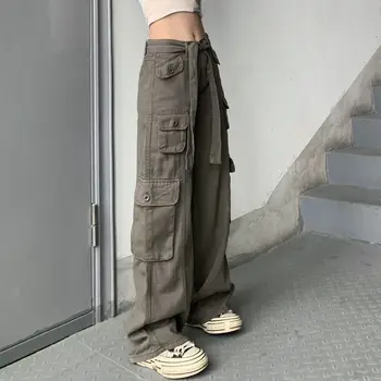 Женский комбинезон Y2k с поясом с несколькими карманами, прямые брюки из чистого хлопка, ретро-брюки с высокой талией, женские американские брюки