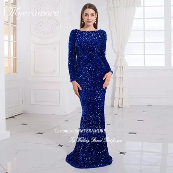 Женское вечернее платье русалки с блестками королевского синего цвета 2023, блестящее вечернее платье с круглым вырезом и длинным рукавом Robe De Soirée Femme
