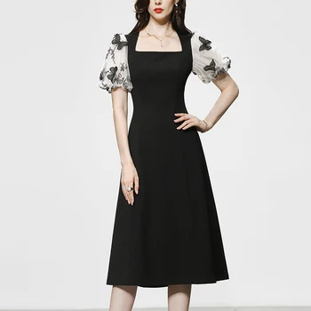 Женское летнее элегантное приталенное платье трапециевидной формы 2023, винтажные платья с рукавом-фонариком и вышивкой бабочкой, Vestido Midi
