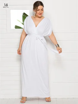 Женское макси-платье большого размера, элегантное платье с коротким рукавом и V-образным вырезом, летняя одежда 2023 года, свободное длинное платье оверсайз 4XL, Шикарное повседневное Женское длинное платье