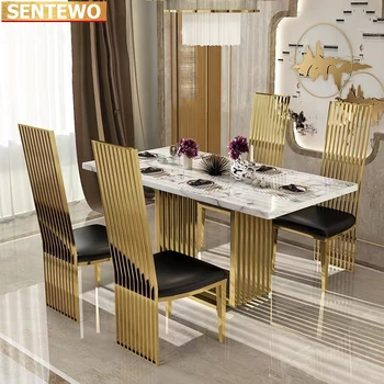 Итальянские обеденные столы и стулья из роскошного мрамора, кухонная мебель в золотой раме из нержавеющей стали, Ilot Central Cuisine