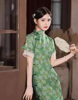 Китайский национальный Ципао с коротким рукавом и высоким разрезом, винтажный зеленый Чонсам с цветочным принтом