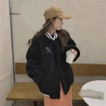 Корейская бейсбольная форма, винтажная повседневная куртка, женское теплое бархатное пальто с длинными рукавами в стиле харадзюку на молнии, зимняя верхняя одежда большого размера